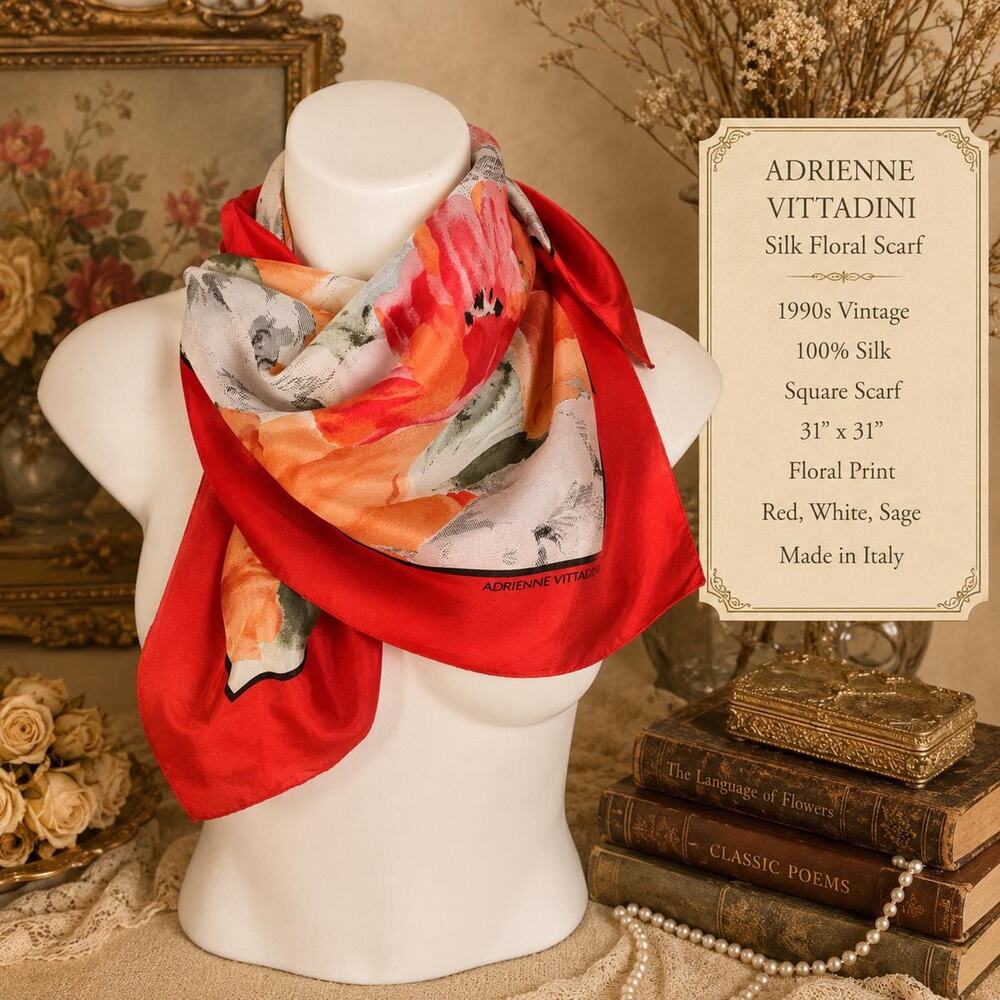 Vintage Adrienne Vittadini Silk Floral Scarf 1990s Red White Sage Square 31x31